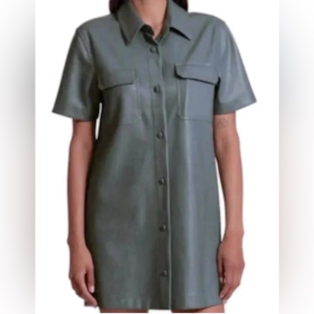 7 For All Mankind Green Faux Leather Mini Shirt Dress.